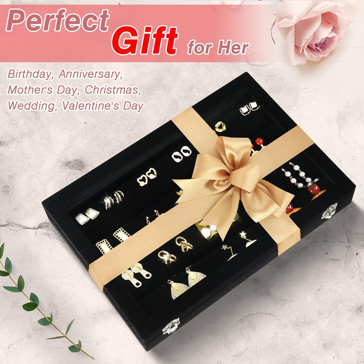 Cirhy Earring Organizer Tray, Earring Box with Clear Lid 80 Slots Velvet Drawer,Earring Tray with Lock, Jewelry Display Case for Women Girls, Black
