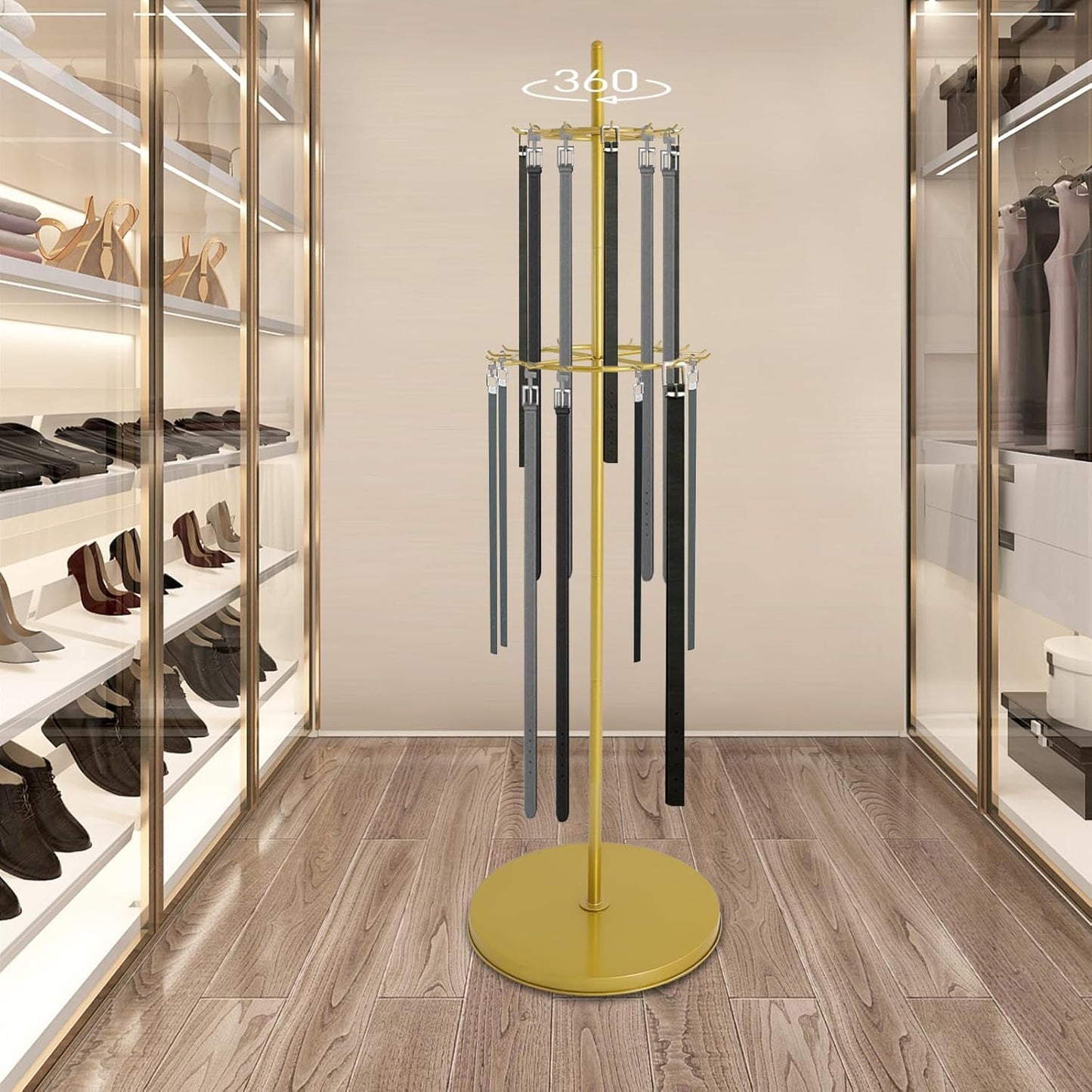 Gold Belt Display Scarf &Ties Rack Stand, 360° Rotation Floor Mounted Belt Hanger, Metal Men Closet Belt Organizer Holder Jewelry Necklaces Purse Hanger Shelf for Clothing Store Retail & Home