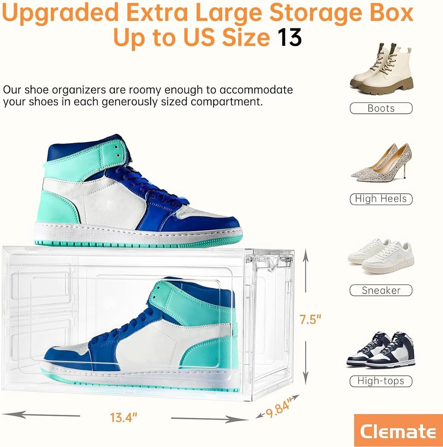 Clemate Upgraded X-Large Shoe Organizer,Shoe Storage Organizer,12 Pack,Shoe Box Clear Plastic Stackable,Drop Front Shoe Box with Clear Door, Shoe Containers For Sneaker Display,Fit up to US Size13