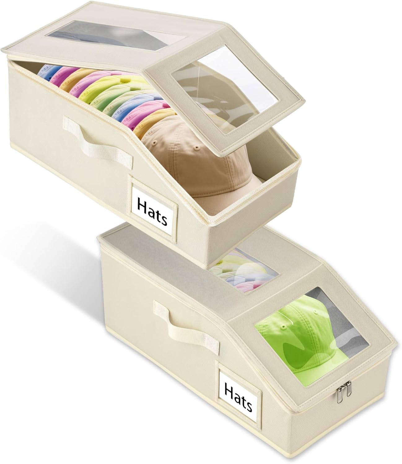 Stackable Hat Storage for Baseball Caps, 2 PCS Hat Storage Boxes for Closet, Holds up to 30 Caps with Cardboard, Hat Organizer for Women & Men(Two Clear Window) (Beige)