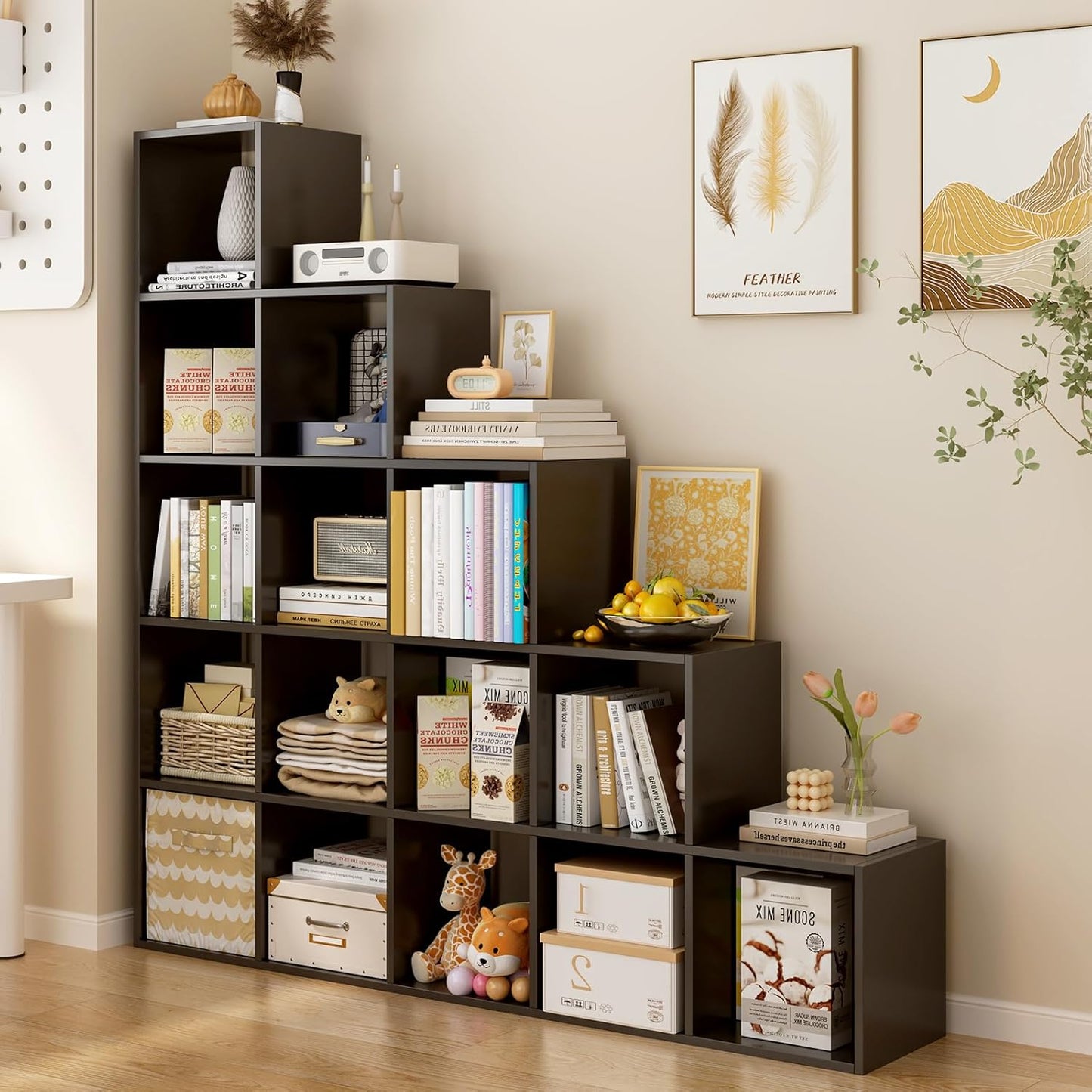 Ladder Cube Storage Bookcase - Wooden L-Shaped 5-Tier Corner Shelf, Reversible 15-Cube Organizer for Home & Office, Black