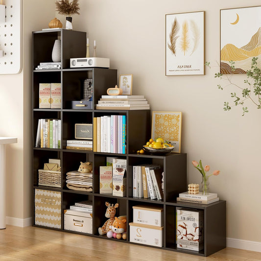 Ladder Cube Storage Bookcase - Wooden L-Shaped 5-Tier Corner Shelf, Reversible 15-Cube Organizer for Home & Office, Black