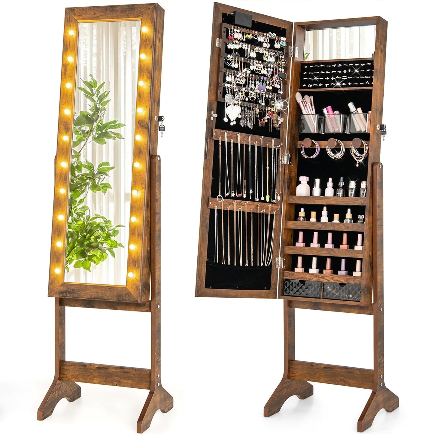 Giantex Standing Jewelry Armoire with Lighted Full Length Mirror, Lockable Jewelry Cabinet Organizer with 20 LED Lights, Adjustable Tilt, Large Storage for Earrings, Rings, Necklaces, Rustic Brown