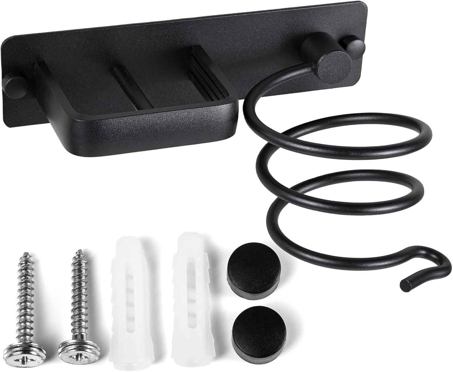 YUET Hair Dryer Holder Hairdryer Station Wall Mounted Spiral Shelf Bracket Stand Hanger Straightener Organizer Blow Storage with Holes Rack for Bathroom Aluminum Professional (Black)