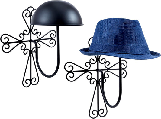 MyGift 2 Pcs Vintage Hat Holder Rack Wall Mount, Helmet and Large Brim Hat Holder, Hanging Black Metal Wig Display Dome, Scrollwork Cross Style