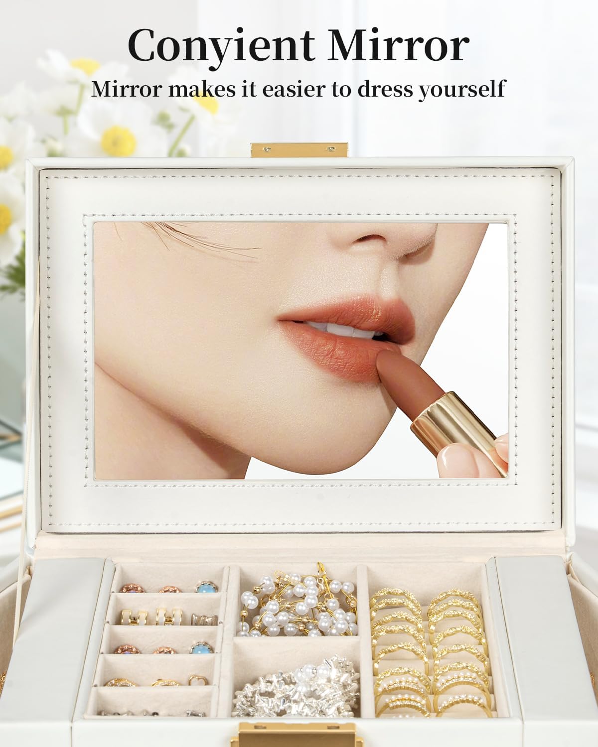 TORIBIO Jewelry Box for Women, Leather Jewelry Organizer with Mirror & Lock, 5-Tier Jewelry Storage Organizer with 4 Drawers for Girls/Women/Mothers, Necklace Earring Bracelets Holder Organizer