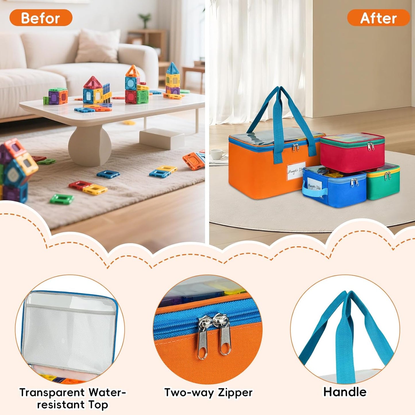 4 Packs Magnetic Tiles Storage Bags,Magnetic Tiles Storage Bin,Toy Organizer Case with Mesh Pocket and Tag Pocket for Magnet Building Tiles,Board Game,Puzzle and Lego Bricks