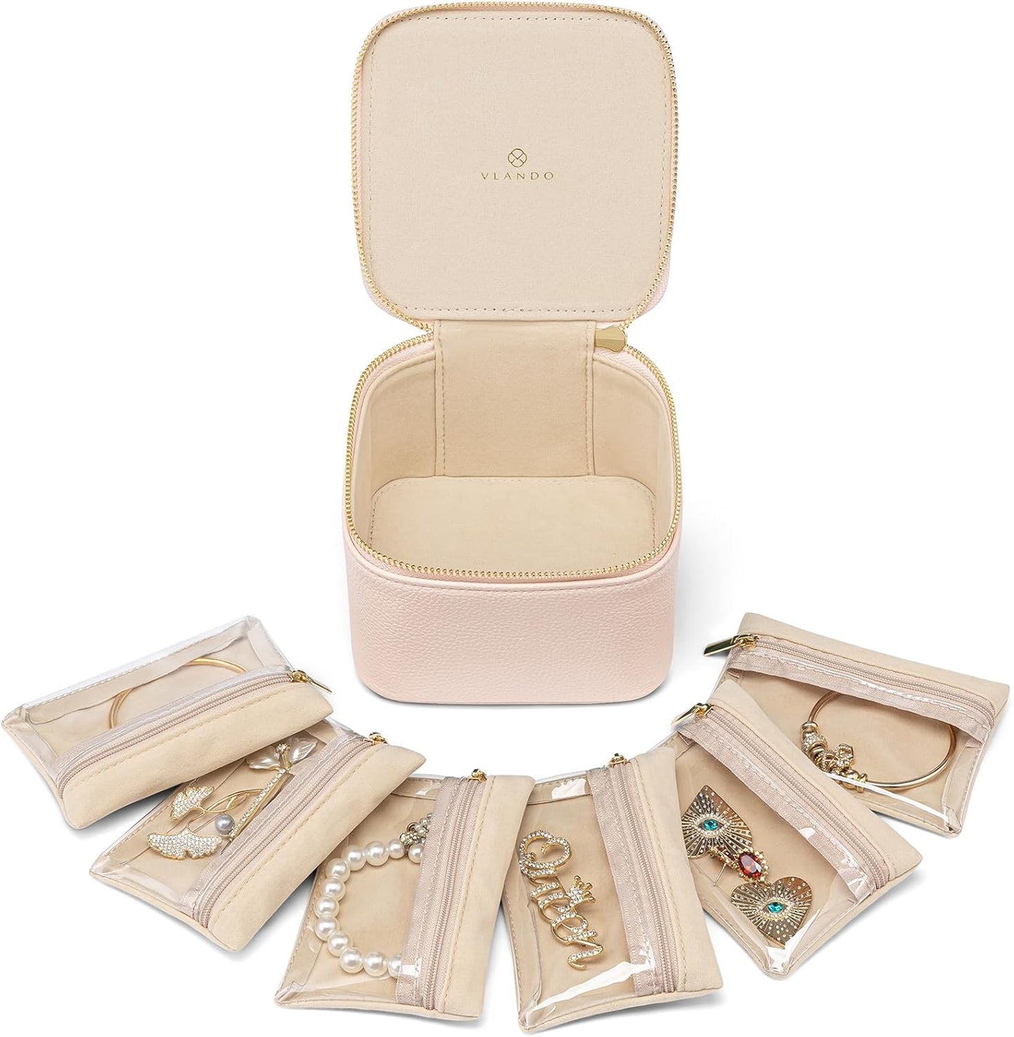 Vlando Jewelry Box with 6 Velvet Jewelry Bags Travel Jewelry Storage Box for Women Girl Jewelry Organizer Necklace Rings Earrings Bags Wedding Gifts Christmas Gifts for Women(Pink)