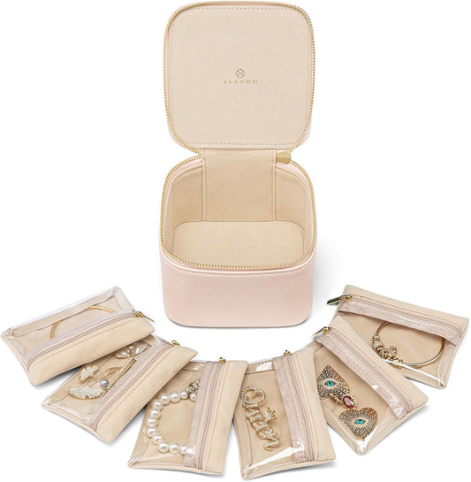 Vlando Jewelry Box with 6 Velvet Jewelry Bags Travel Jewelry Storage Box for Women Girl Jewelry Organizer Necklace Rings Earrings Bags Wedding Gifts Christmas Gifts for Women(Pink)