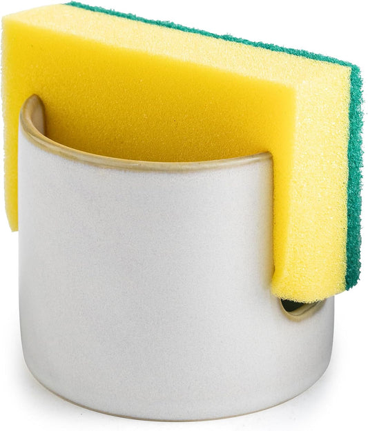 Sponge Holder for Kitchen Sink, Ceramic Dish Sponge Drying Caddy Scrubby Daddy Kitchen Organizer Cute Dish Rack for Sink Counter, Beige White
