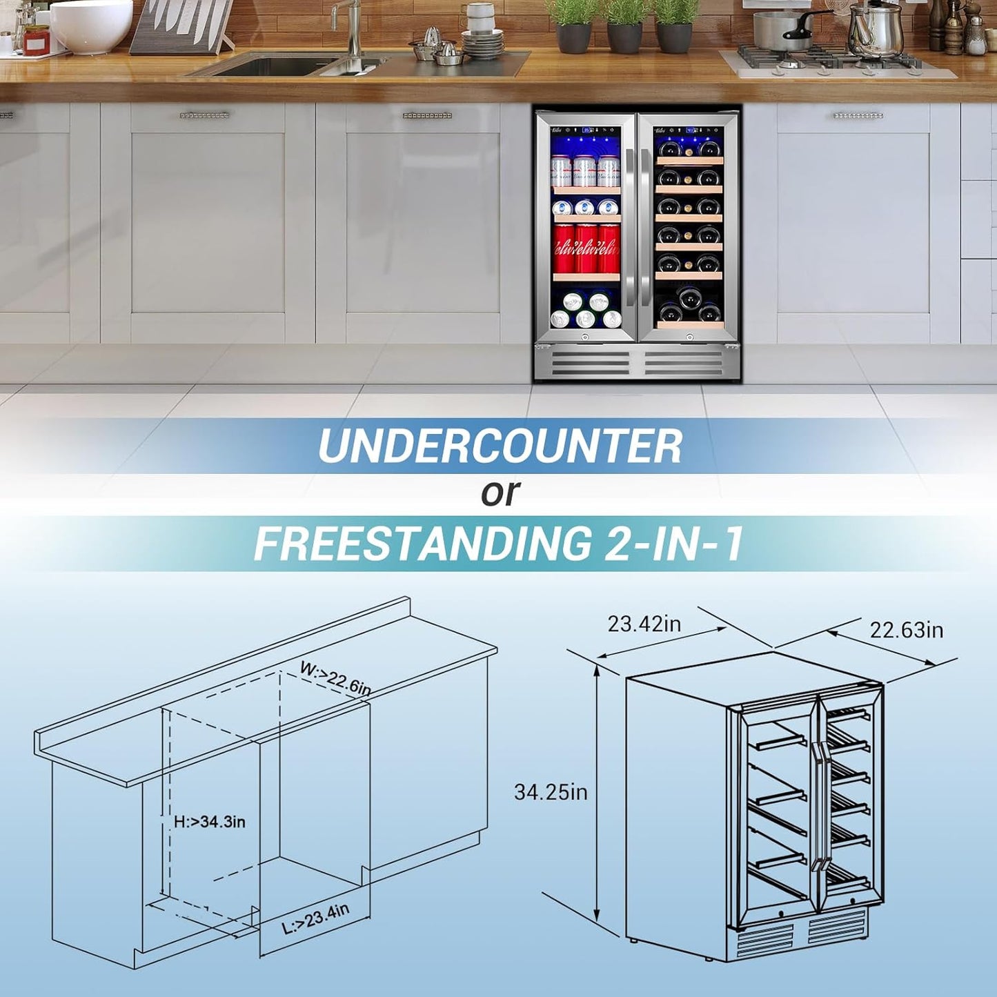 24 Inch Beverage Refrigerator Undercounter, Dual Zone Wine and Beverage Cooler, Large Capacity for Beer Wine Drink with Built-In Warm Light, Ideal for Home Kitchen Bar Office
