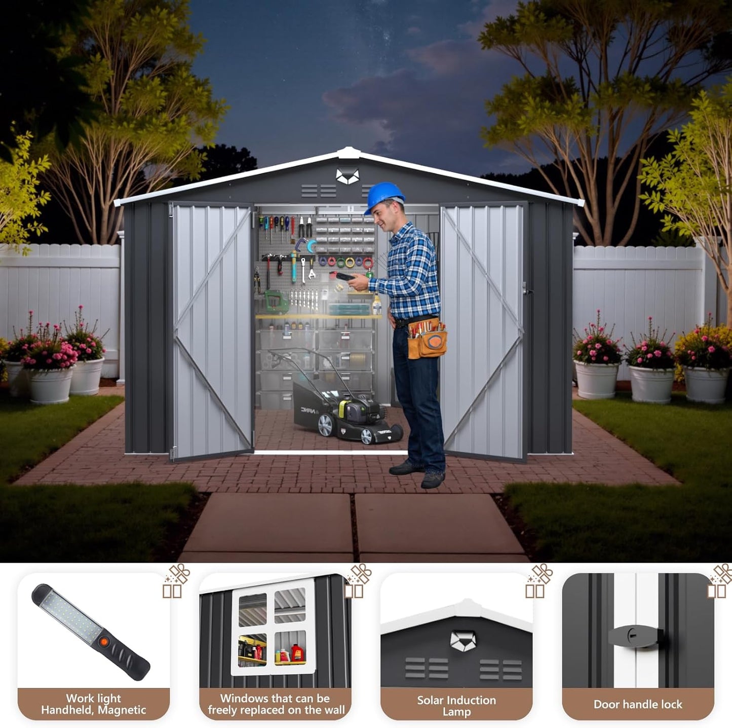 10x8 FT Outdoor Storage Shed, Metal Garden Shed - Tool Storage Sheds with Lockable Doors & 1 Clear Window, Waterproof Outside Storage Building for Backyard, Patio (Black; Floor Not Included)
