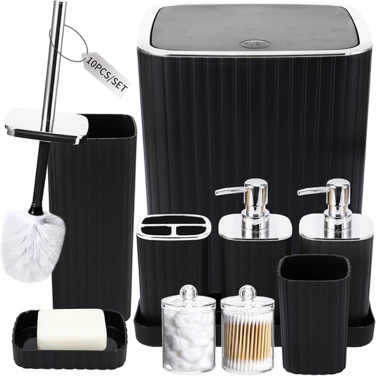 Bathroom Accessories Set - Gorgeous Bathroom Set, 10PC Black Bathroom Accessory Set, Toilet Brush, Trash Can, Qtip Holder Dispenser & Soap Dispenser