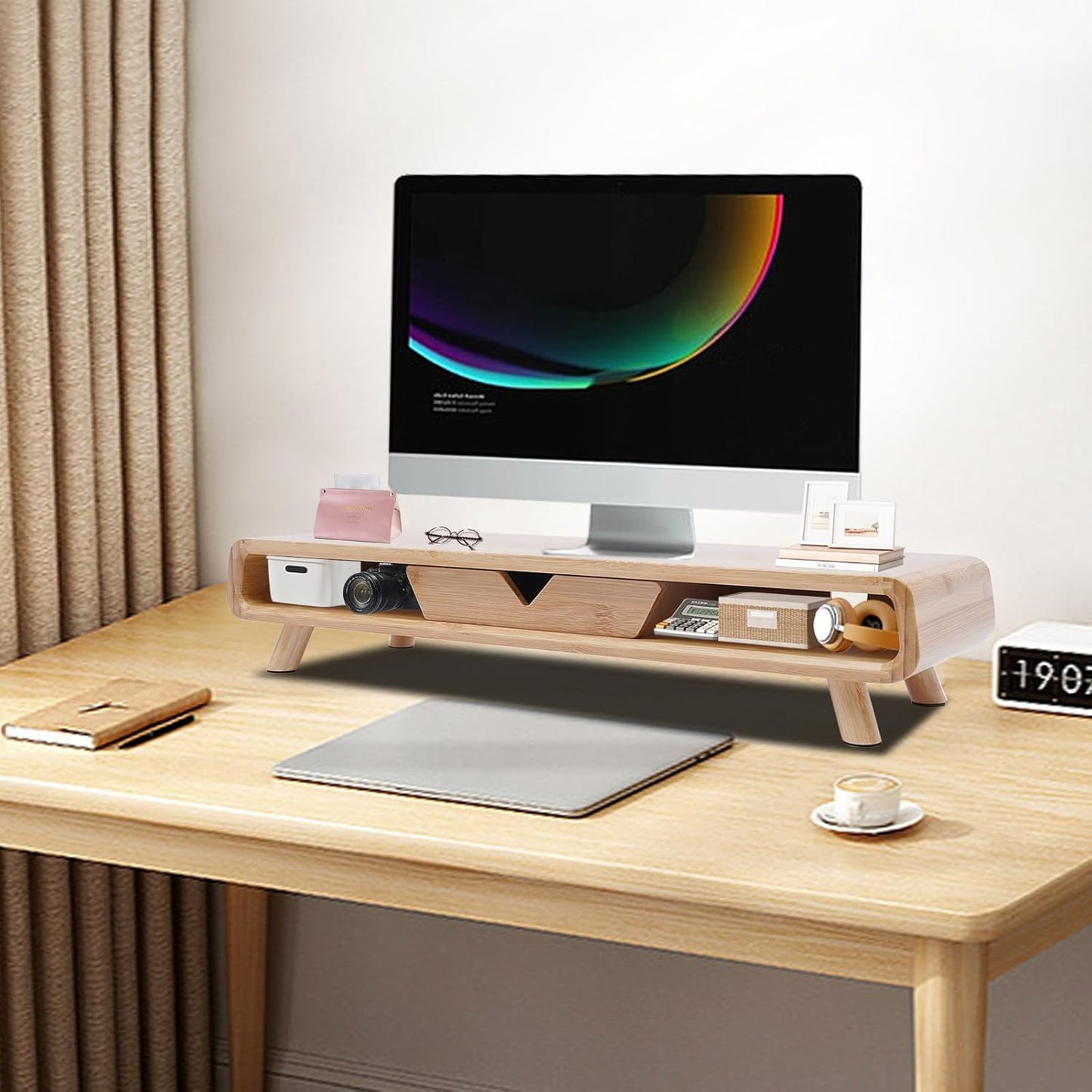 Monitor Stand Riser, 24inch Large Desk Computer Monitor Stand with 2 Wire Holes & Back Baffle, V-shaped Drawer, Desk Shelf Adds Storage for PC Monitor, Laptop, Printer