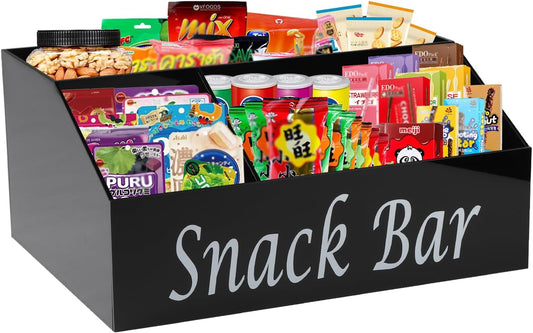 Snack Organizer for Countertop - Acrylic Storage Container With 4 Compartments for Kitchen Cabinet Pantry - Black Snack Bar Station