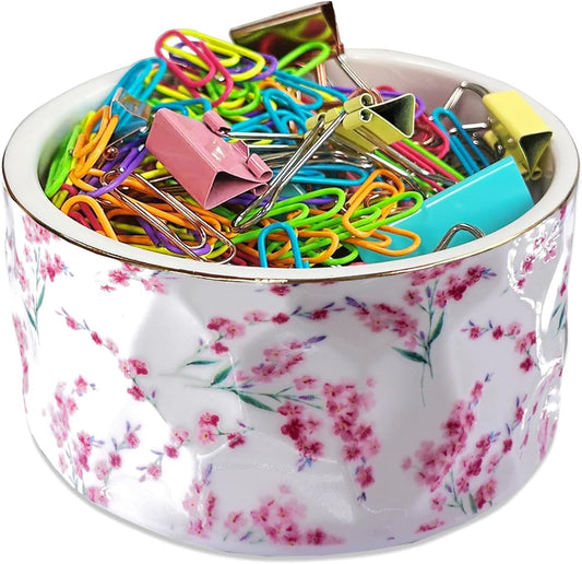 Paper Clip Holder Ceramic Paper Clip Holders Floral Paperclips Holder Dispenser Cute Gold Line Paper Clip Organizer for Desk Binder Clip Holder Bobby Pin Hair Clip Holder Gift for Office Pink Flowers
