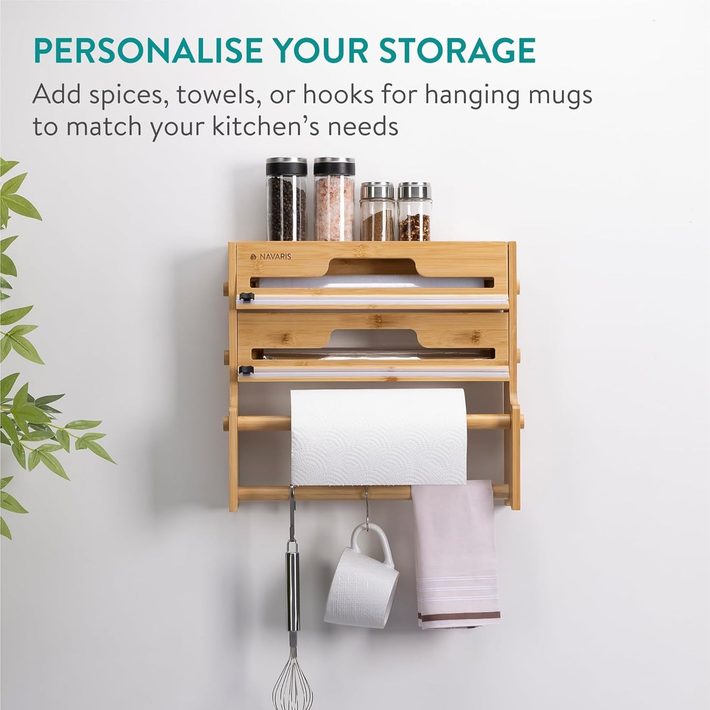 Navaris 3 in 1 Cling Film Dispenser with Cutter - Space Saving Kitchen Roll Storage and Foil Organizer - Bamboo Tin Foil and Clingfilm Holder with Utensil Area - Wall Mount Option