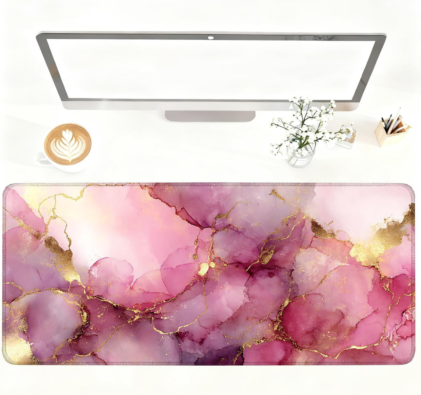 Pink Marble Ink Mouse Pad – Large Extended Desk Mat 35.43 x 15.75 in – Elegant Watercolor Gold Foil Design, Waterproof Surface, Non-Slip Rubber Base, Keyboard & Mouse Pad for Office or Gaming