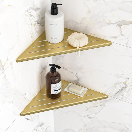 Corner Shower Shelves, 10” Recessed Tile Shower Shelf, 304 Stainless Steel Grout in Corner Tile Shower Shelves, No Drilling, Brushed Golden, 2 Pack