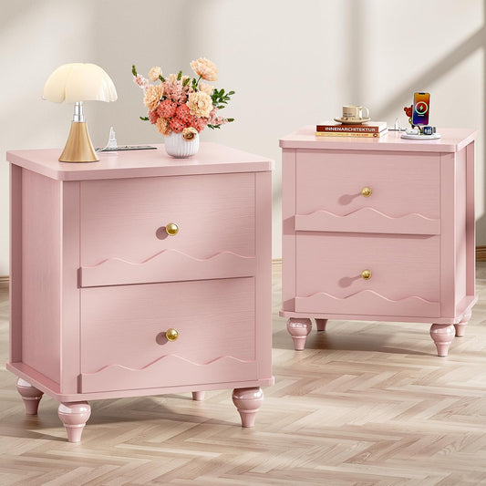 Cyclysio Nightstand Set of 2 with Charging Station, Side End Table with 2 Drawers, Modern Wood Night Stand Set 2 with Scalloped Pattern for Bedroom, Bedside Night Tables with Solid Wood Gourd Legs