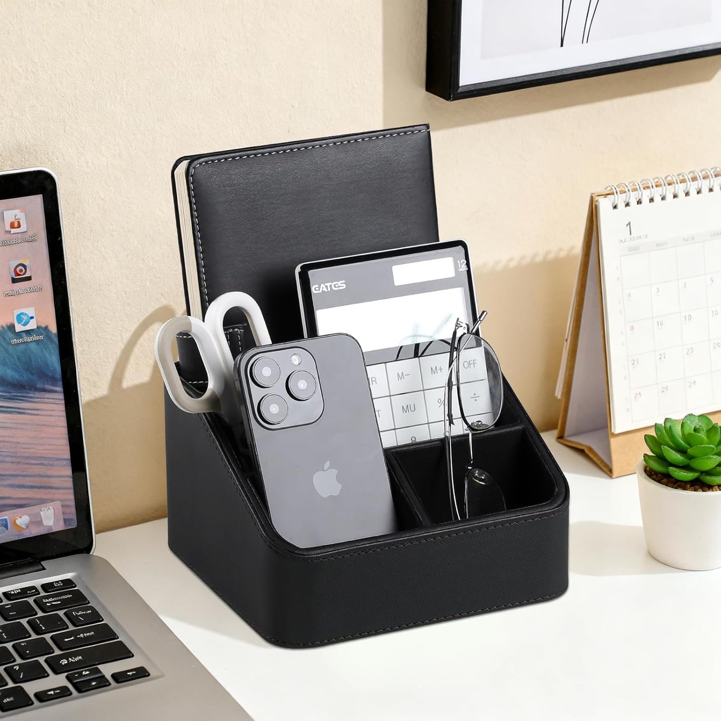 Remote Control Holder, PU Leather Small Desk Organizer with 4 Compartments, Nightstand Organizer Desk Caddy for Remote, Notepad, Phone, Glasses, and Accessories (Black)