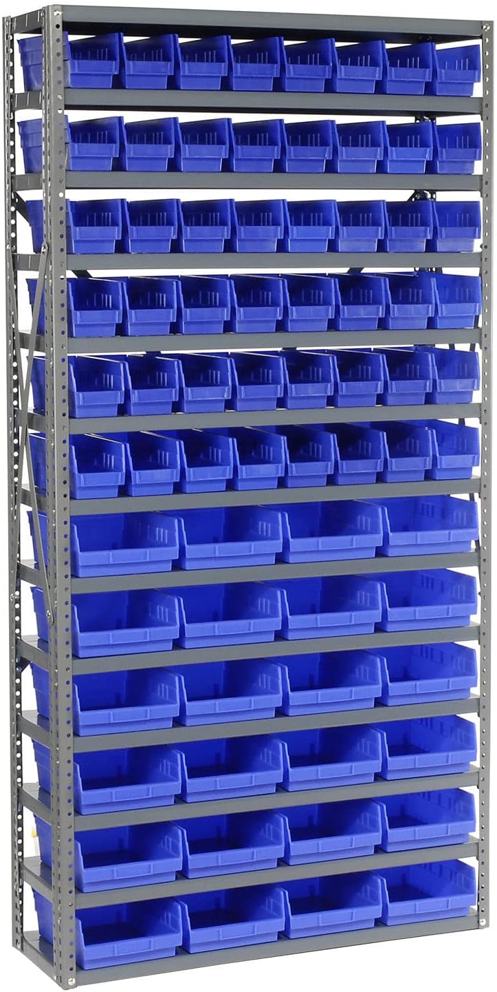 Global Industrial 13 Shelf Steel Shelving with (72) 4" H Plastic Shelf Bins, Blue, 36x12x72