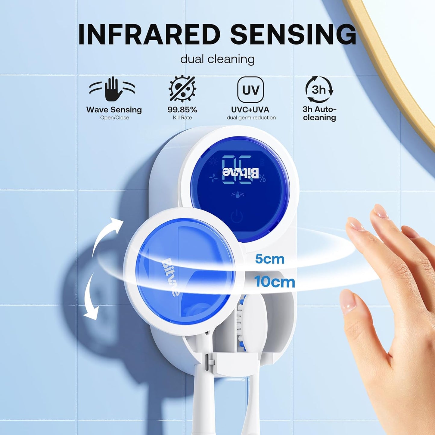 Bitvae Upgraded Tooth Brush Holder for Bathroom 2.0, Infrared Sensing Toothbrush Cleaner, Wall-Mounted for Most Size Toothbrushes, Air Drying, LED Smart Screen, White Gold Trim