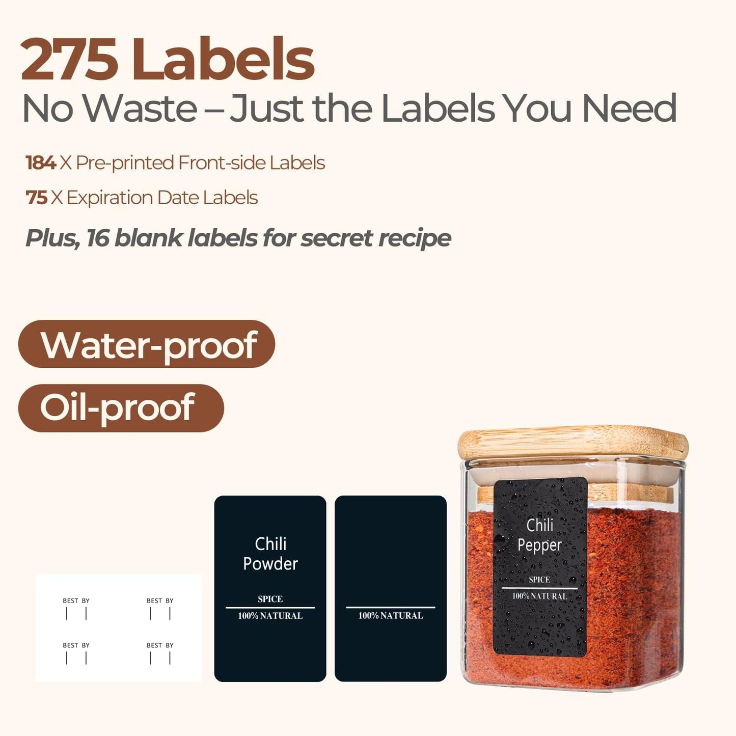 ComSaf 12Pcs Glass Spice Jars with Bamboo Lid, 4oz Airtight Square Spice Containers with 275 Black Lables, Empty Seasoning Jars for Spice Salt Sugar