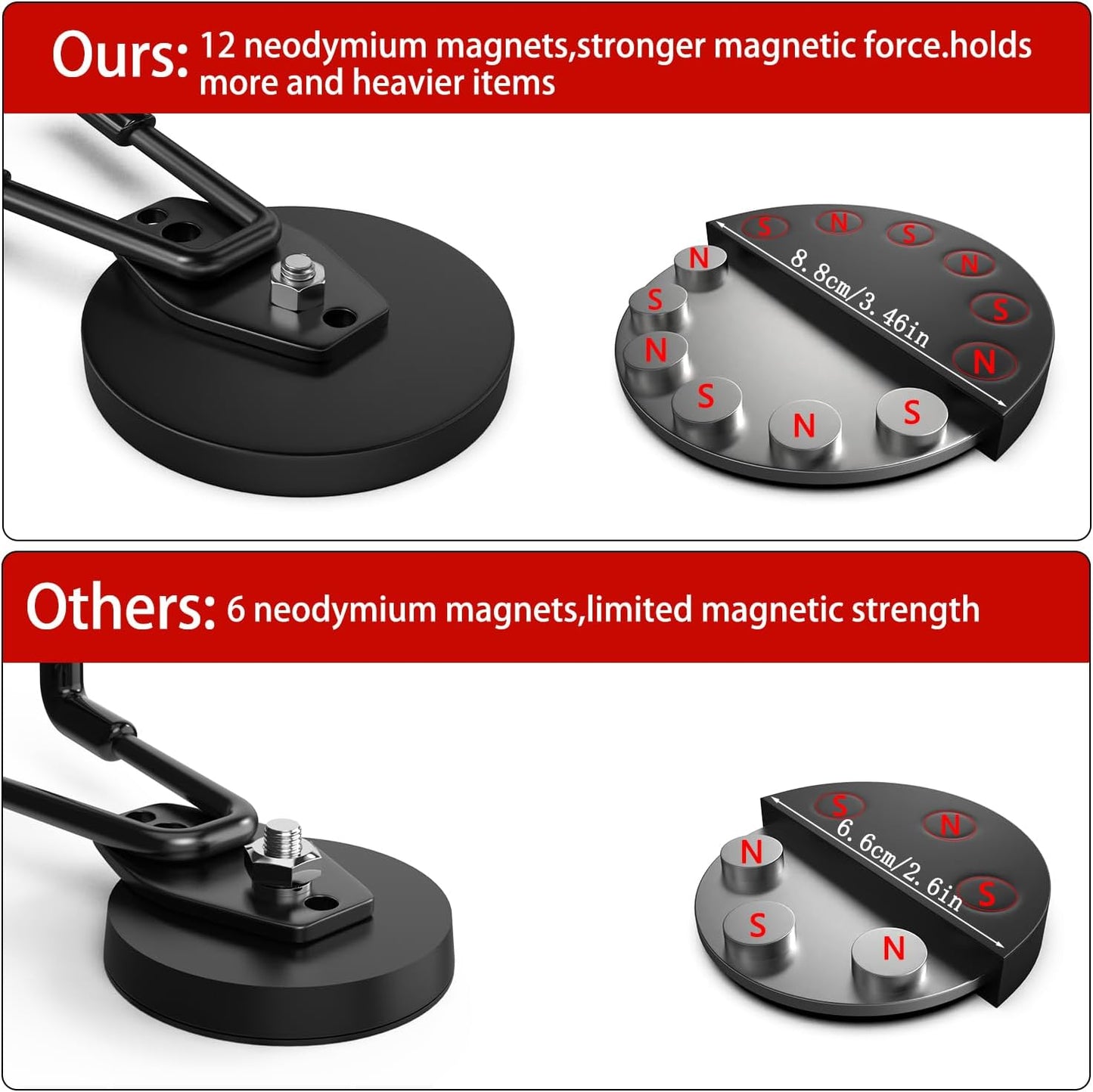 3-H Magnetic Wave Hooks Heavy Duty 4 Pack, Large Magnet Garage Hooks Heavy Duty and Strong Utility Magnetic Tool Holde for Hanging and organizing Garden Power Tool (Black