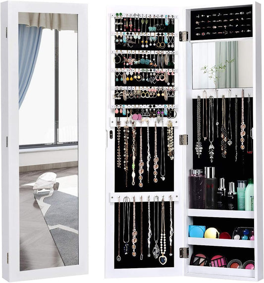 Giantex Wall Mounted Jewelry Cabinet with Full Length Mirror, Over The Door Jewelry Armoire Organizer with Large Storage, Makeup Mirror & Velvet Lining (White)