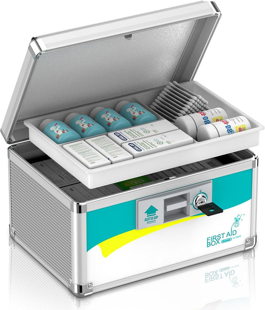 Glosen Medicine Lock Box, Medication Lock Box,Locking Medicine Box, Security Lock Boxes【Small】 10x6.7x6.7 Inch,First Aid Key,Lock Box for Medication