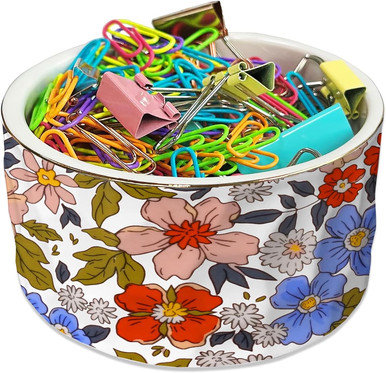 Paper Clip Holder Ceramic Paper Clip Holders Vintage Garden Floral Paperclips Holder Dispenser Cute Gold Line Paper Clip Organizer for Desk Binder Clip Bobby Pin Hair Gift for Office Pink Flowers