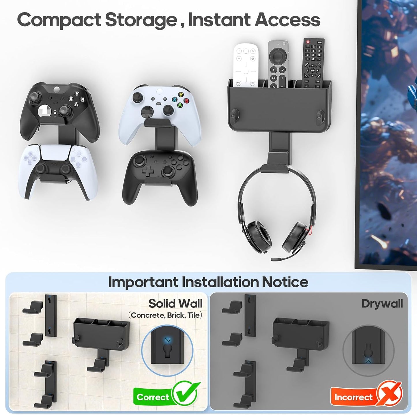 Controller & Headset & Remote Holder Wall Mount with No Drill, 2 Packs Gaming 4 Controllers Hanger Hook Mount for PS5/PS4/XBOX/Switch, Headphone Stand & Remote Control Holer Wall Shelf with Adhesives