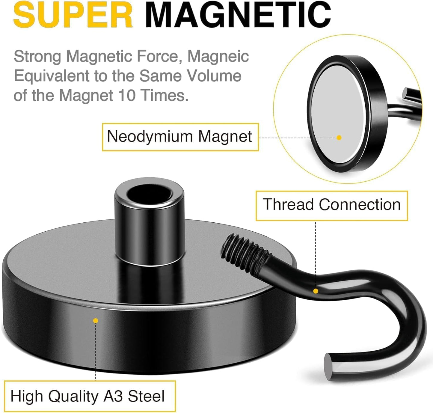 DIYMAG Black Magnetic Hooks, 120 LB Heavy Duty Strong Magnets with Hook, Rare Earth Neodymium Magnet for Cruise Cabins Ship Essentials 12 Packs