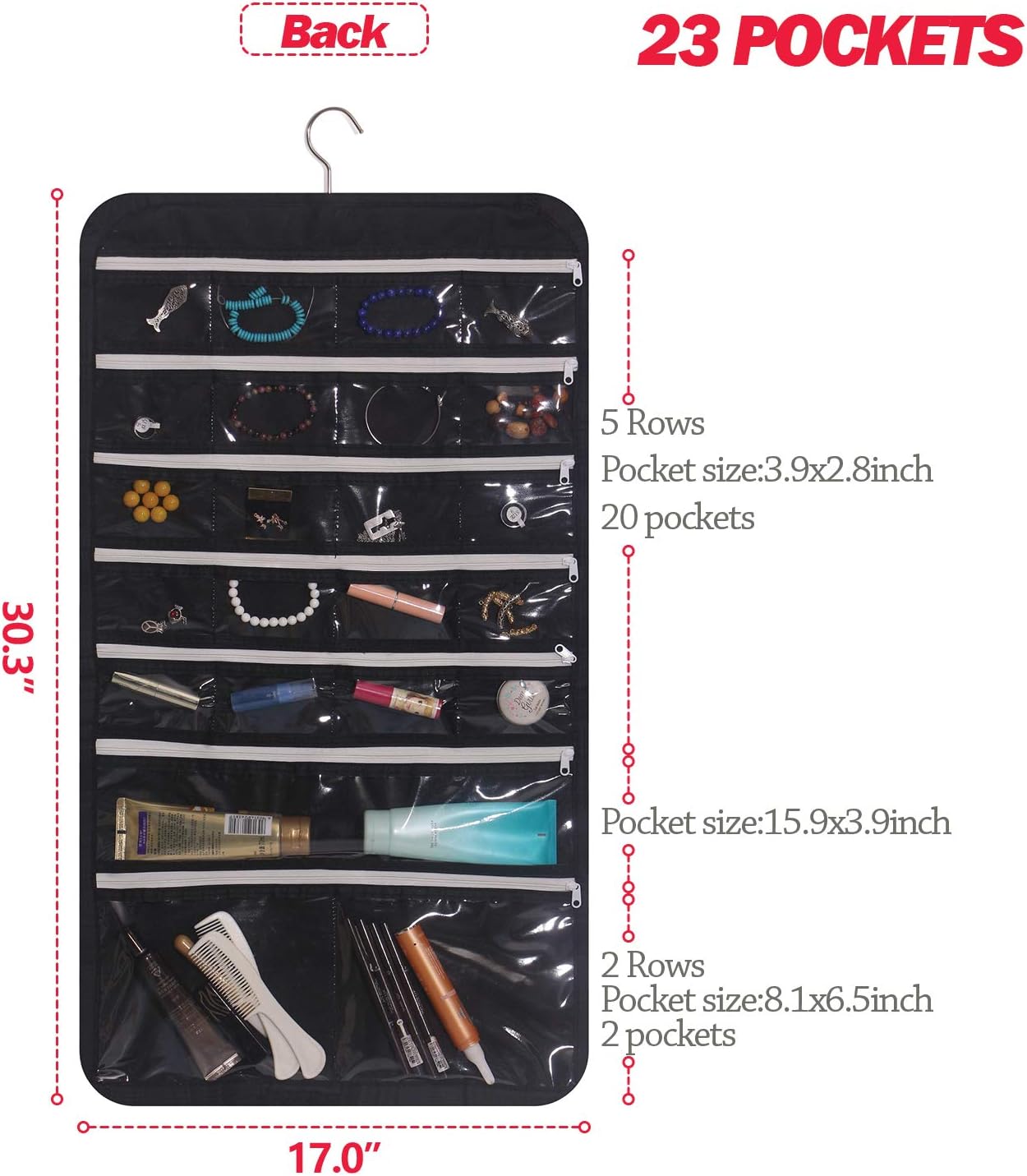 DIOMMELL Hanging Jewelry Organizer 47 Pockets with Zipper for Earrings Necklace Bracelet Ring Accessory Display Storage Bag Travel Holder Box