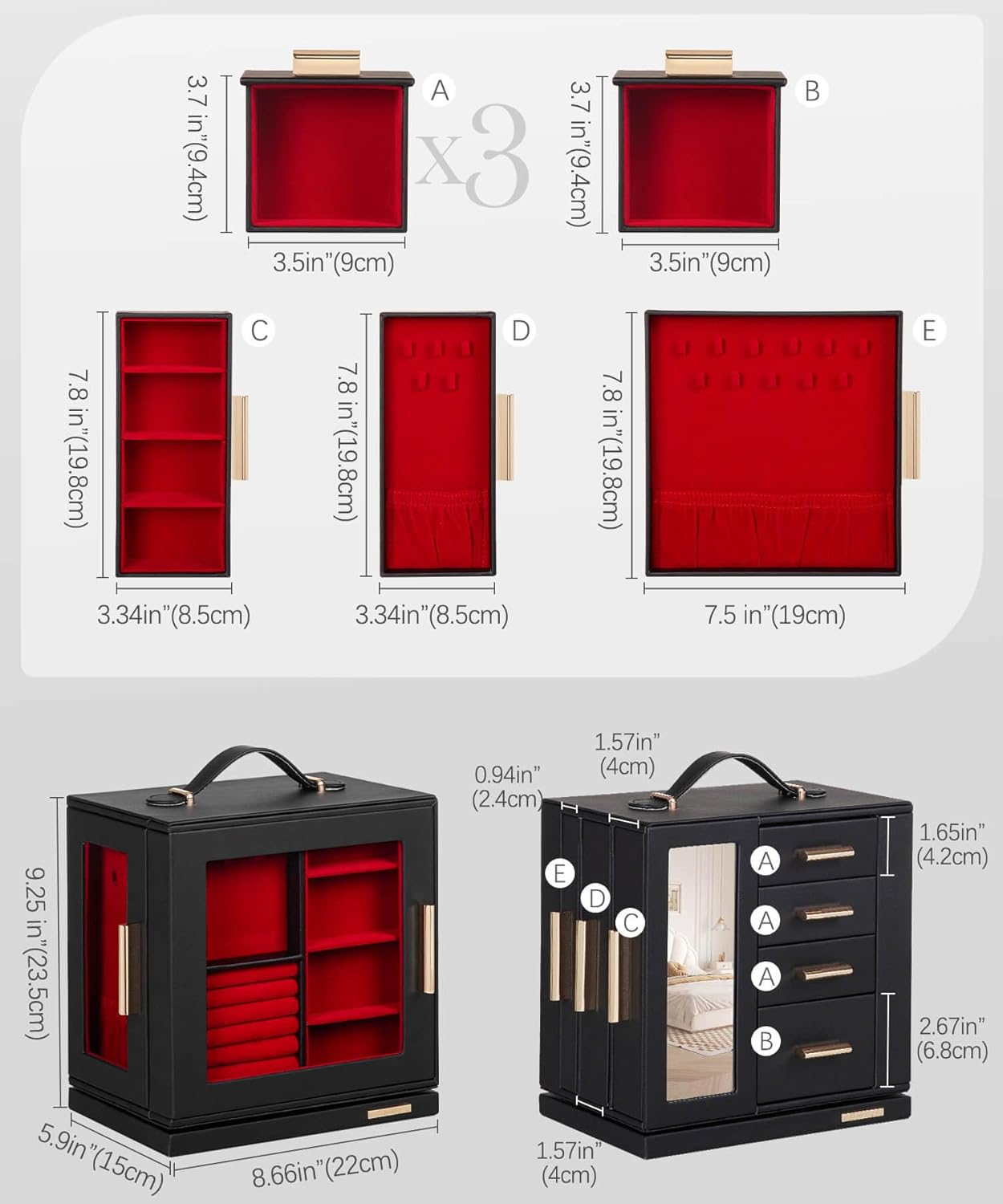 Homde Christmas Gifts Jewelry Box 360° Rotating, Necklace Earring Organizer with Transparent Window, Mirror, 7 Drawers, Large Ring Display Storage Case for Girls Women (Black + Red)