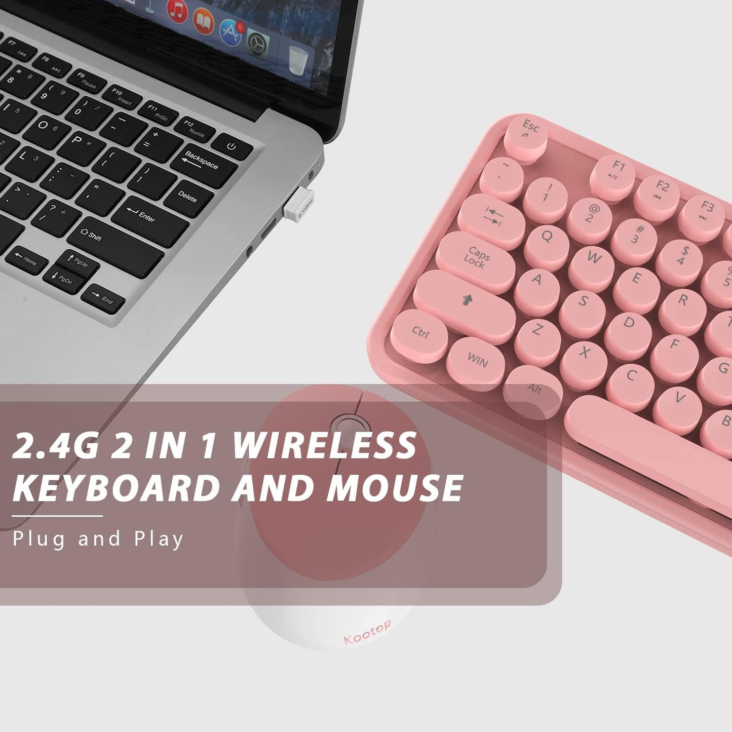 Wireless Keyboard,KOOTOP Cute Colorful 104 Keys Typewriter Retro Round Keycaps Keyboard for PC Laptop,Desktop,Windows, Home and Office Keyboards (Pink)