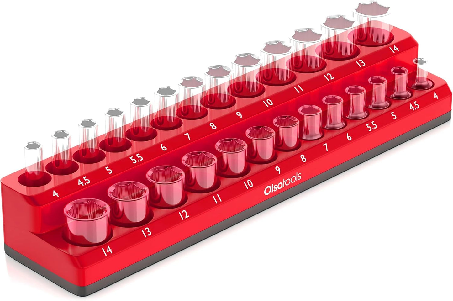 Olsa Tools Magnetic Socket Holder | 1/4-inch Drive | Metric | Red | Holds 26 Sockets | Professional Quality Tools Organizer
