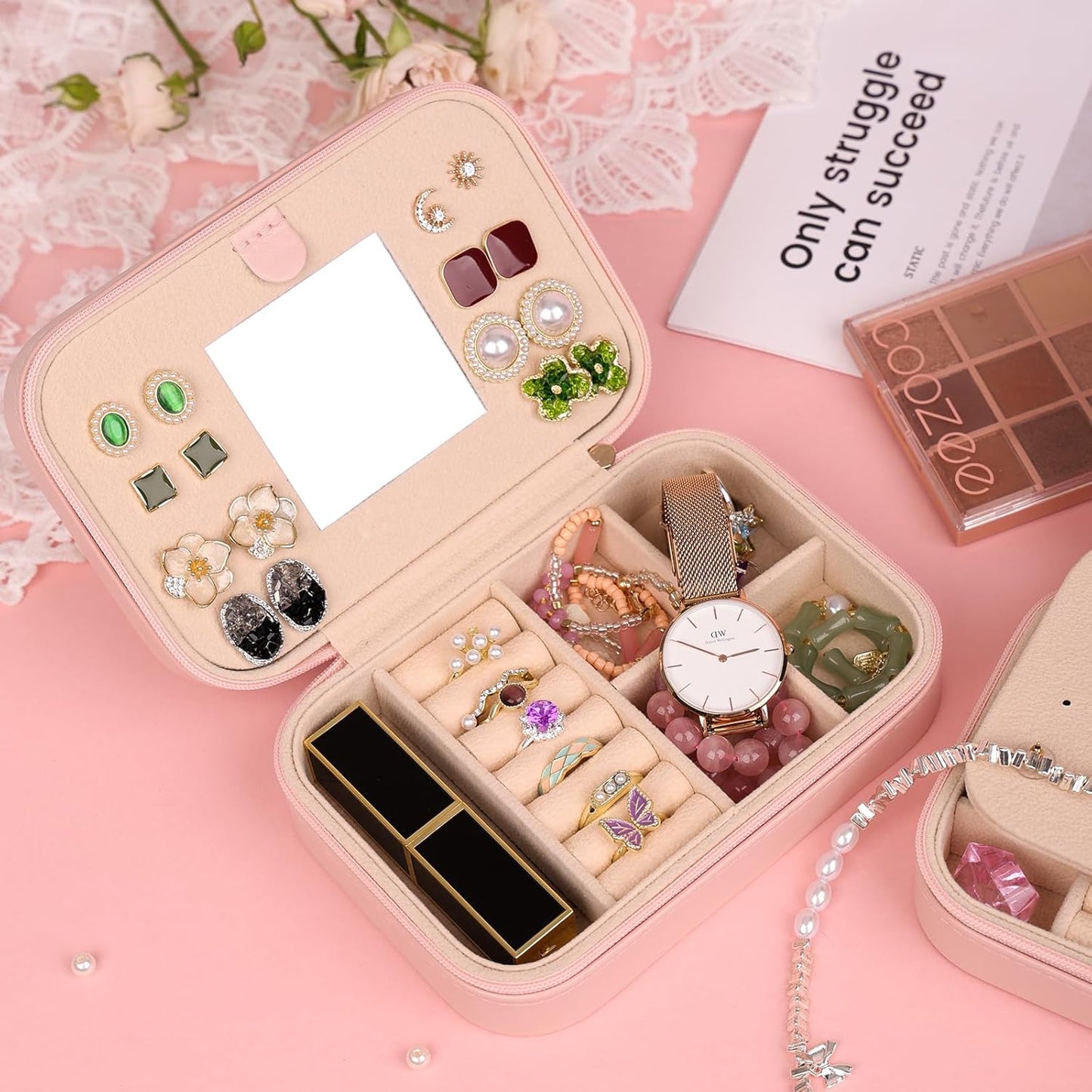 TopPerfekt Travel Jewelry Case, Jewelry Box with Mirror, Jewelry Organizer Bridal Shower Gifts to Her, Earring Storage Travel Case, Trendy Gift for Women and Girls, Girlfriend-Letter K, Pink