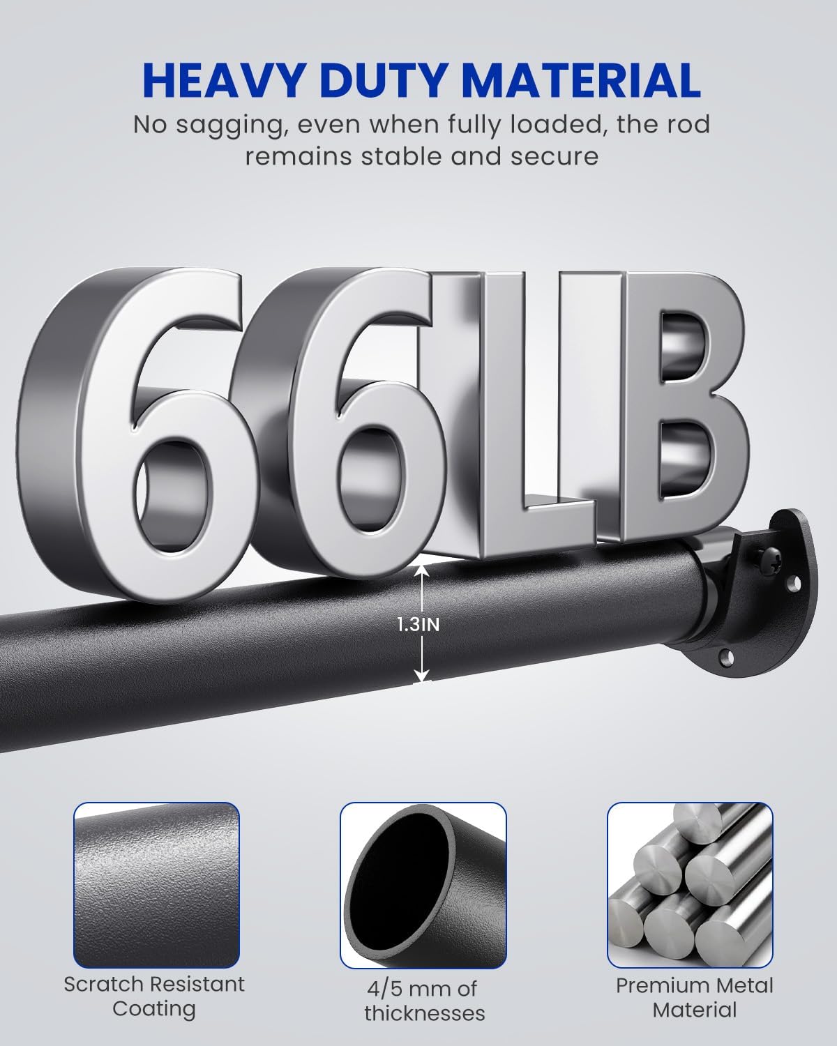 Closet Rods for Hanging Clothes, 17 to 99 Inches Stepless Adjustable Metal Closet Rod, 1.3 Inches Heavy Duty Clothes Hanging Rod for Closet Wardrobes Laundry RV, Black