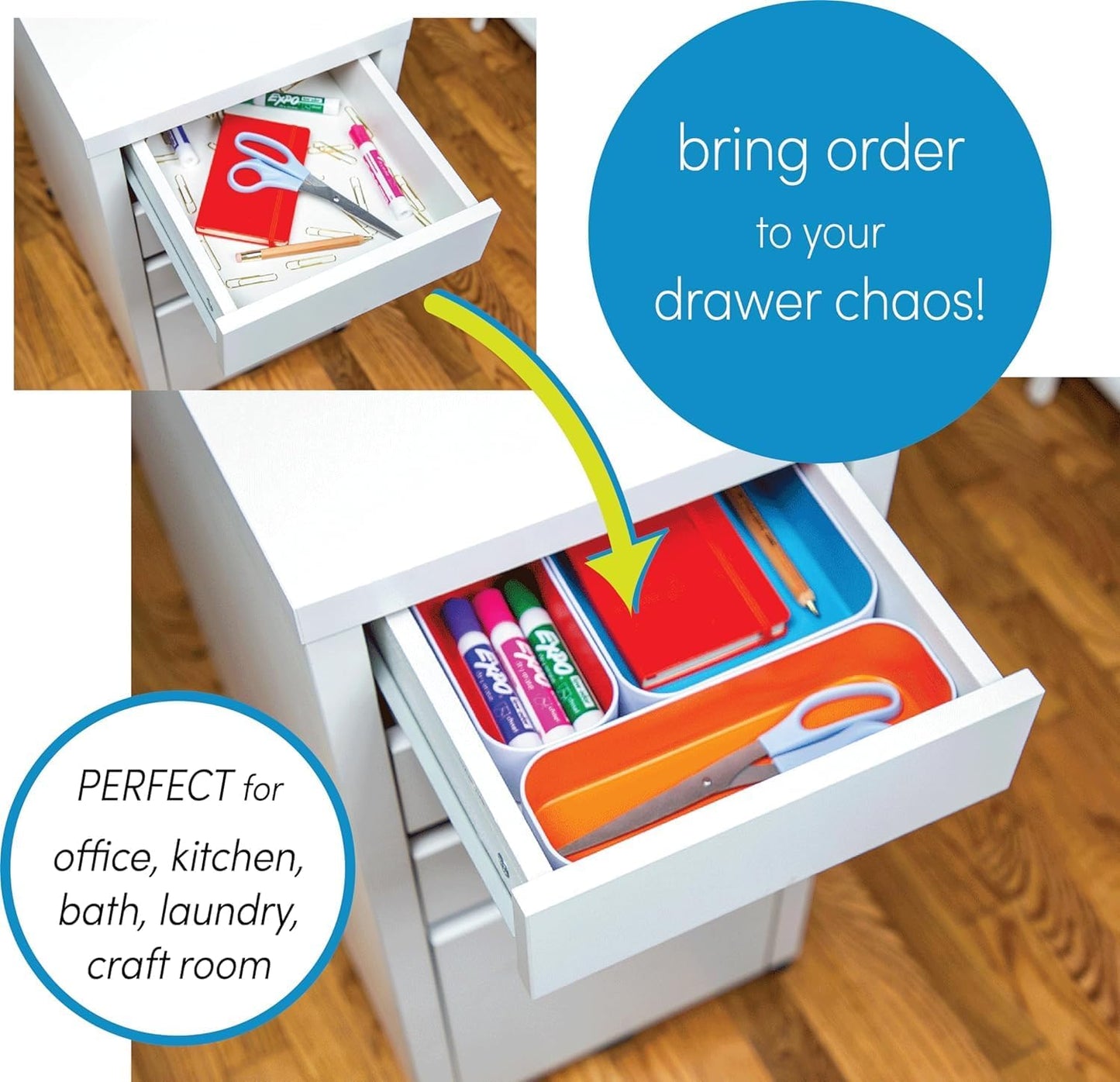Three by Three Seattle 5 Piece Shallow Metal Organizer Tray Set for Storing Makeup, Stationery, Utensils, and More in Office Desk, Kitchen and Bathroom Drawers (1 Inch, Assorted Colors)