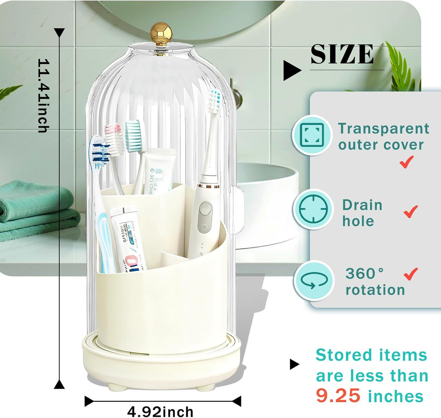 Multifunctional Rotating Toothbrush Holders with Sliding Lid and Draining Tray, 3-Slot Bathroom Countertop Vanity Organizer for Tooth Brush, Toothpaste, and Makeup Brushes Holder Storage (White)