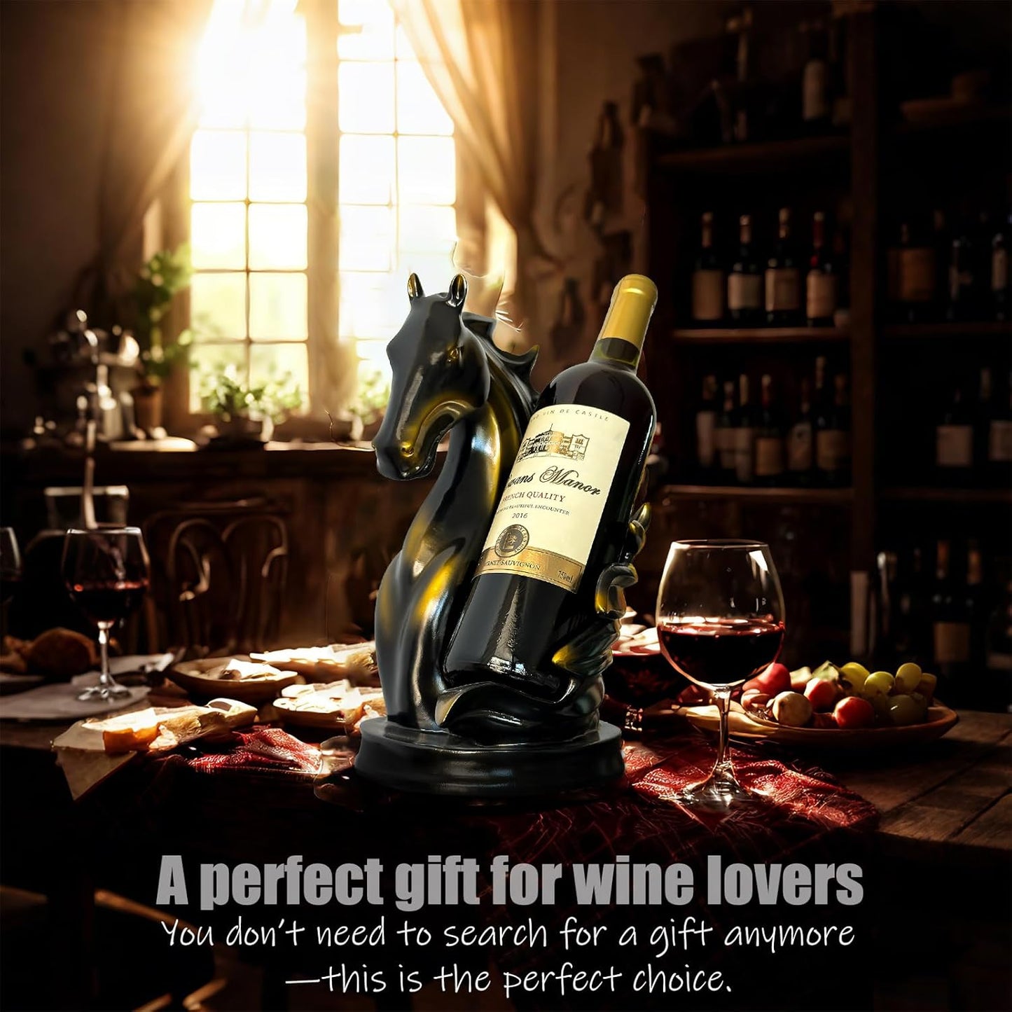 Wine Bottle Holder Wine Racks Tabletop Horse Statue as Home Kitchen Wine Cellar Decorative Storage Organizer, Horse Sculpture Horse Decor Horse Gifts for Girls Men Women (Black)
