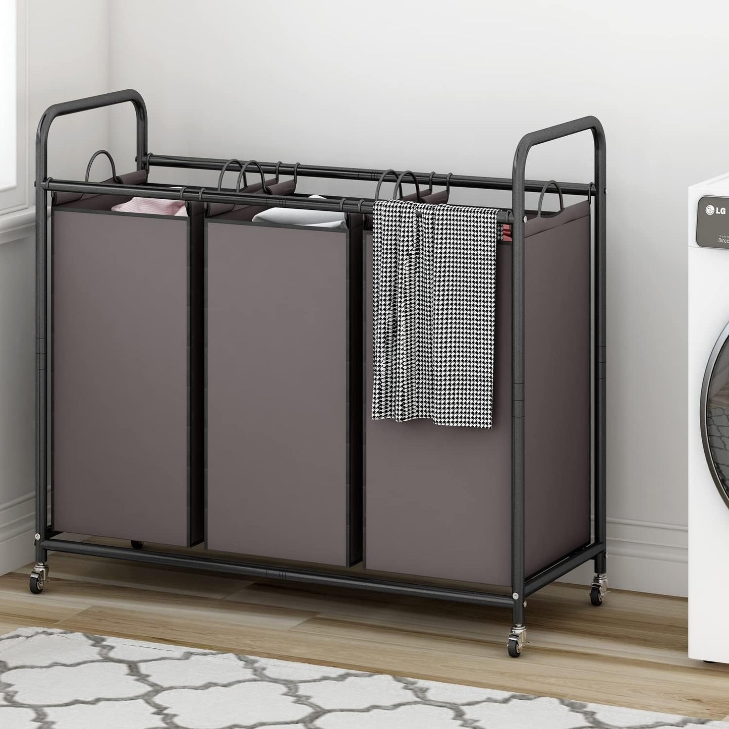 LINZINAR 3-Bag Laundry Sorter,Laundry Hamper Cart with Heavy Duty Rolling Lockable Wheels and Removable Bags (Brown)