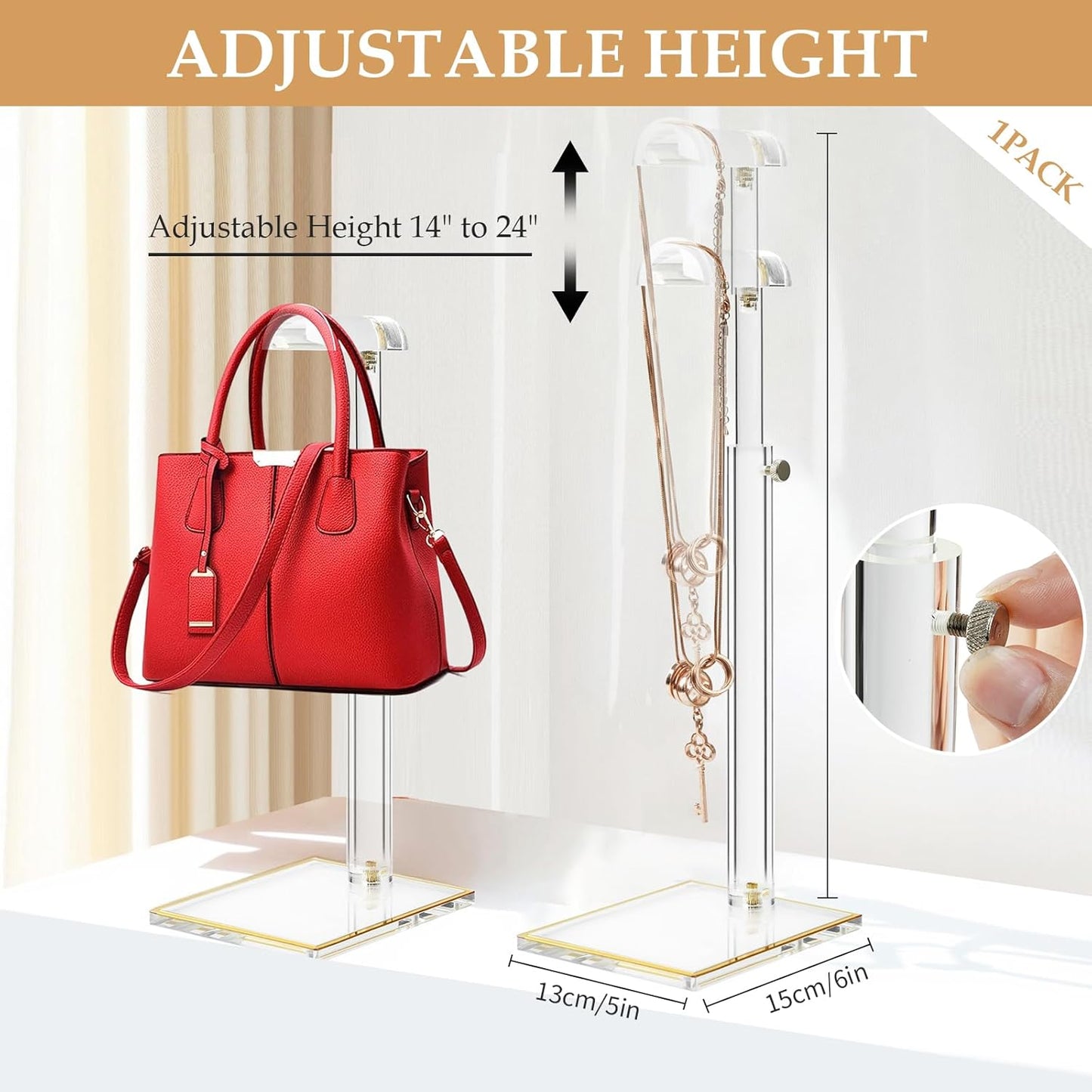 Acrylic Purse Display Stands, 14"-24" Adjustable Height Handbag Holder, Clear Purse Rack Stands for Closet Retail, Durable Gold Trim Hanging Bag Wallet Jewelry Necklace Organizer Stand(PATENT PENDING)