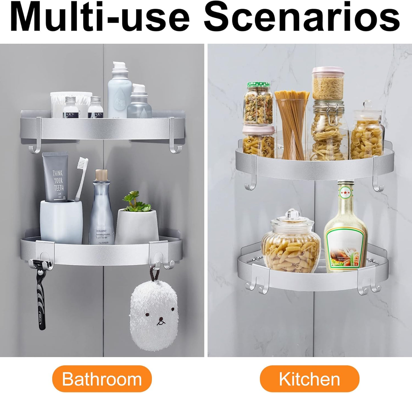 Adhesive Corner Shower Caddy with Hooks,Bathroom Shower Organizer, No Drilling Rust Proof Aluminum Shower Shelf for Inside Shower 2 Pack (Silver)