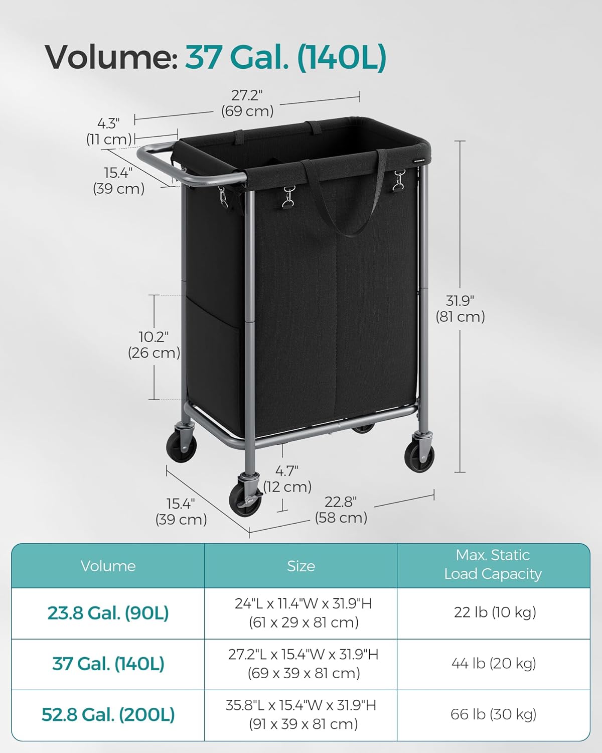 SONGMICS Laundry Basket with Wheels, 2-Section Rolling Laundry Hamper, 37 Gallons (140 L), Removable Liner, Steel Frame with Handle, 27.2 x 15.4 x 31.9 Inches, Ink Black URLS004B01
