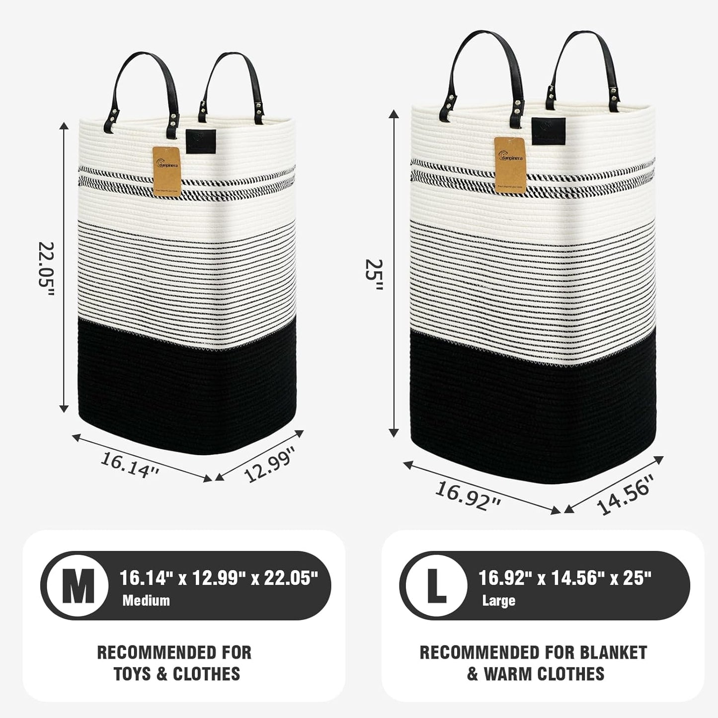 danpinera 100L Nursery Hamper, Tall Woven Laundry Basket with Long Leather Handles, Boho Laundry Hamper for Living Room & Bedroom, Eco-friendly & Convenient Decorative Storage Basket, White & Black