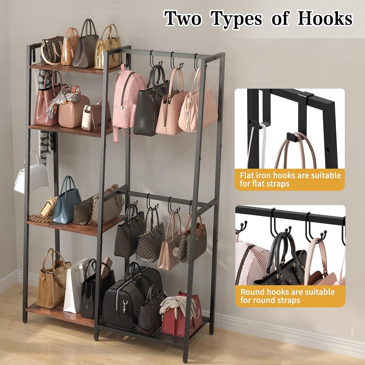 Purse Storage Organizer for Closet, 4-Tier Iron Wood Purse Rack, 8 Purse Hooks & 2 Side Hooks for Bag Organizer, Large Capacity Handbag Storage Rack for Home, Living Room