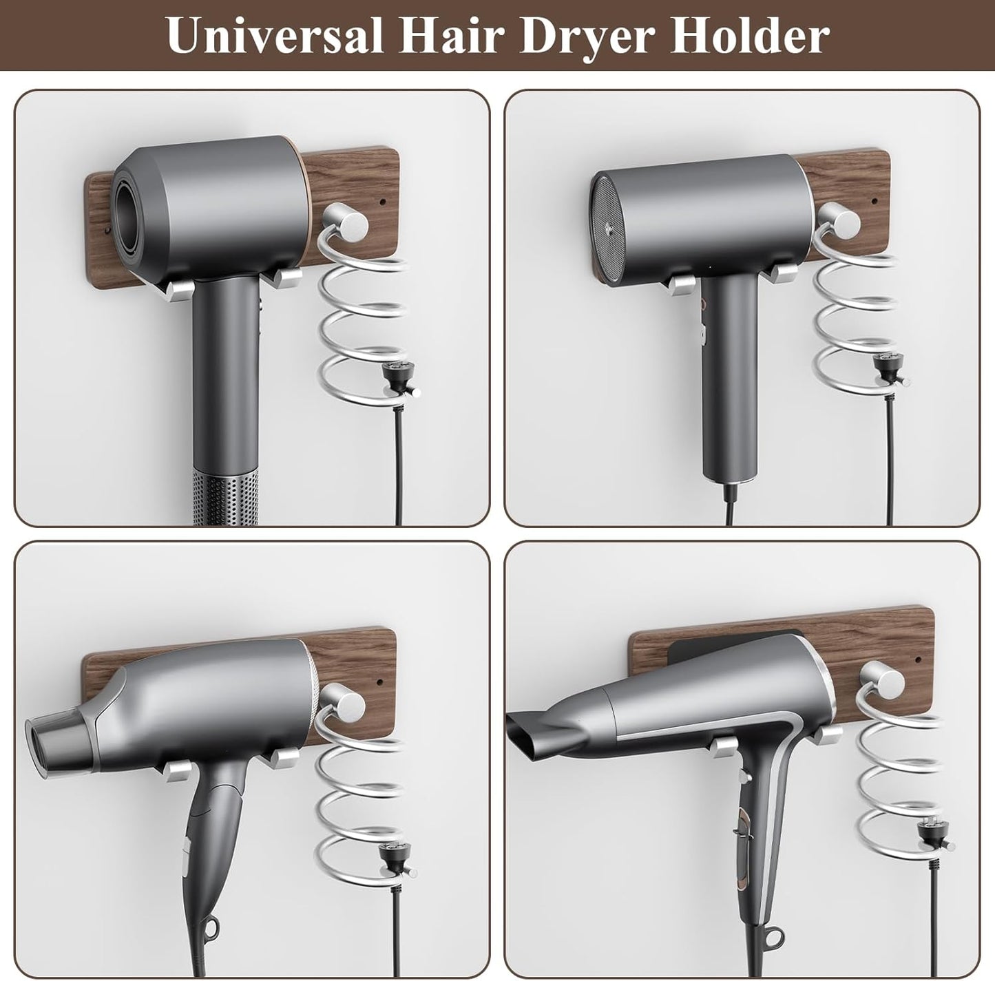 Tindbea Hair Dryer Holder Curling Iron Holder, Blow Dryer Holder Wall Mount, Bathroom Hair Tool Organizer Rack for Universal Dryer, Walnut Wood Silver Color Metal